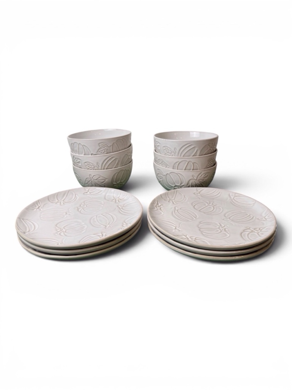 Hobby Lobby Embossed Ceramic Salad Plates/Bowls Set Cream/White Pumpkins 12 pc. - Picture 8 of 9